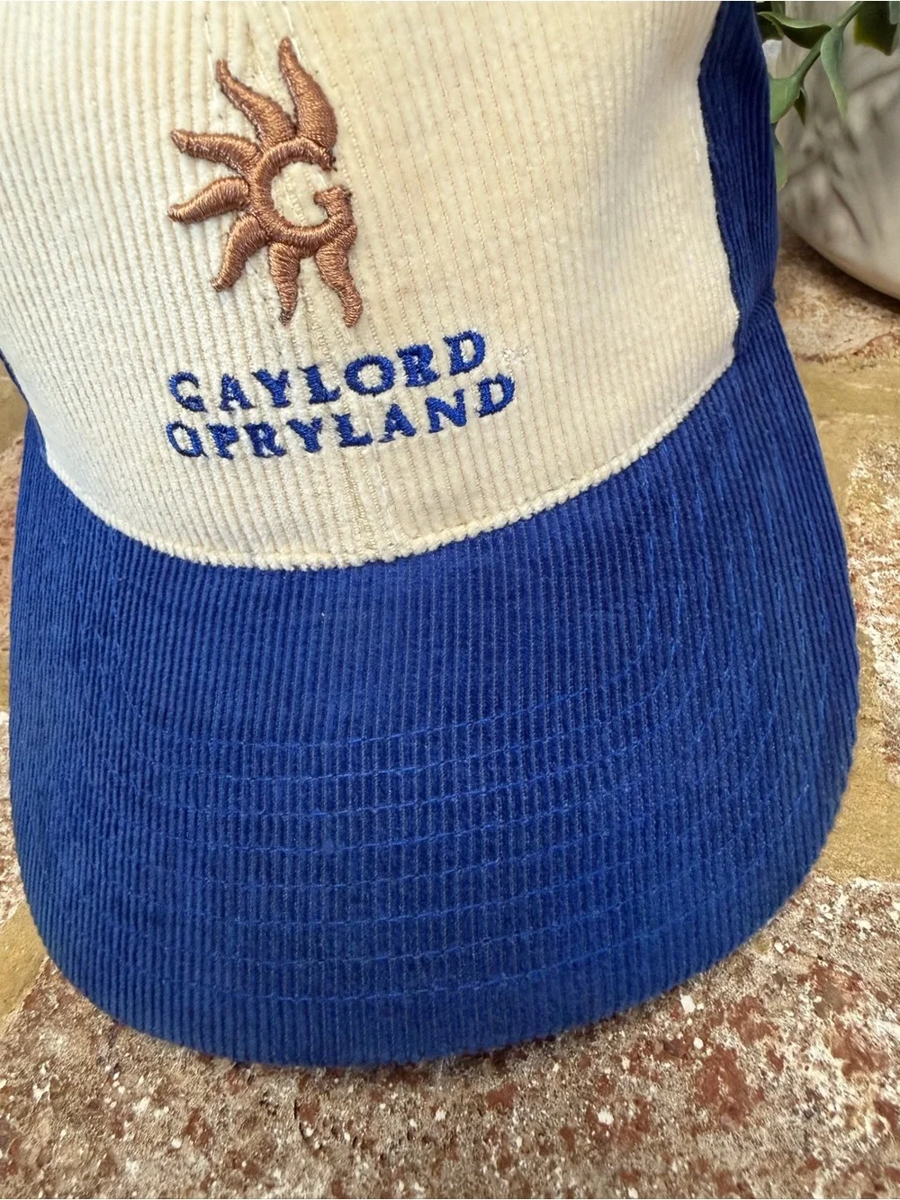Vintage | Blue and Cream Corduroy Baseball Hat with Sun Embroidery